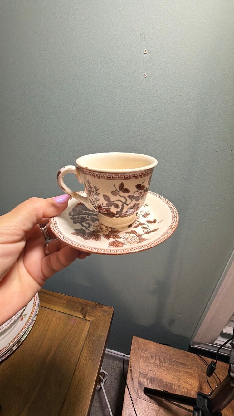 148 vintage Nasco brown Indian Tree pattern demitasse cup and saucer set.